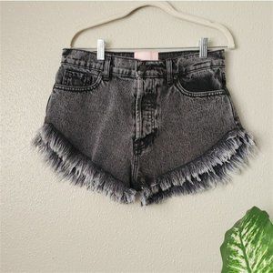 Fryed Hem Black Button Fly High Waisted Denim Cotton Shorts